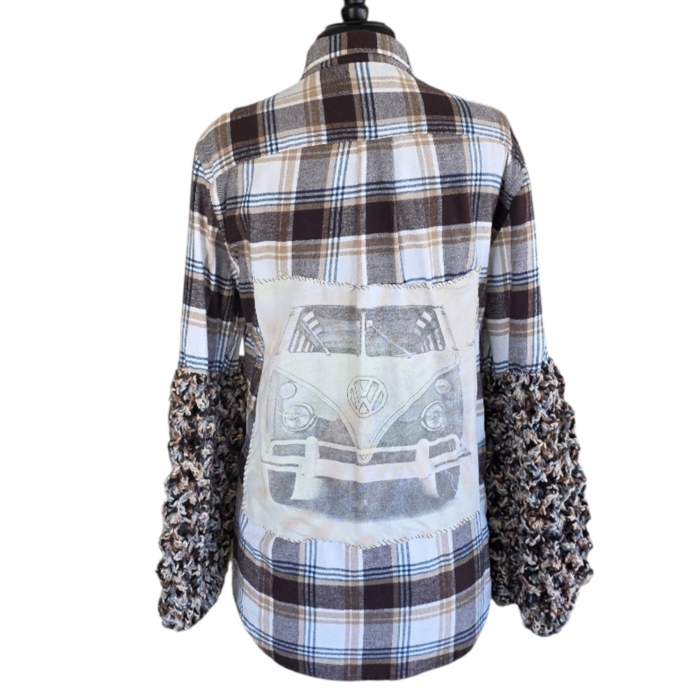 Handmade Upcycled Top VW Bus Patch Small Brown Plaid Button Down Shirt